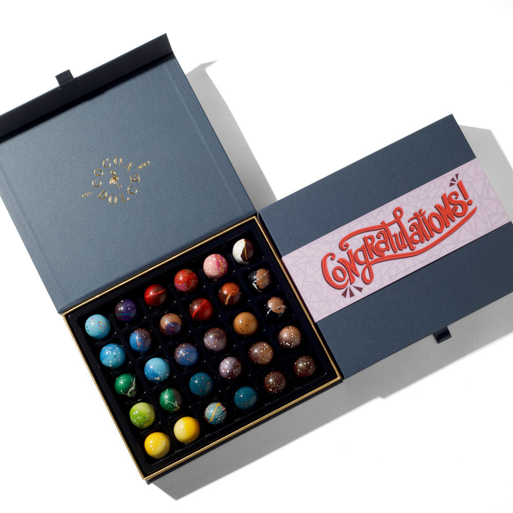 Cocoa Dolce Cocoa Royale gourmet chocolate collection with Congratulations gift label
