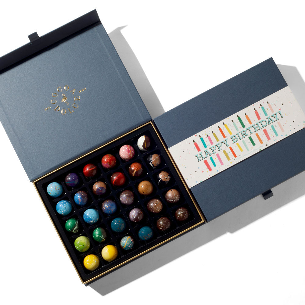 30-piece luxury chocolate gift box with Happy Birthday label by Cocoa Dolce