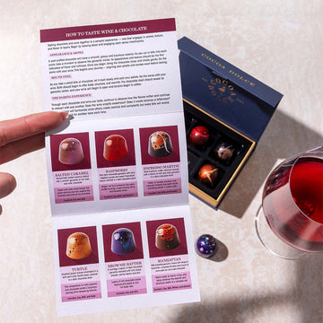 Chocolate and wine pairing guide showing tasting steps and flavor notes
