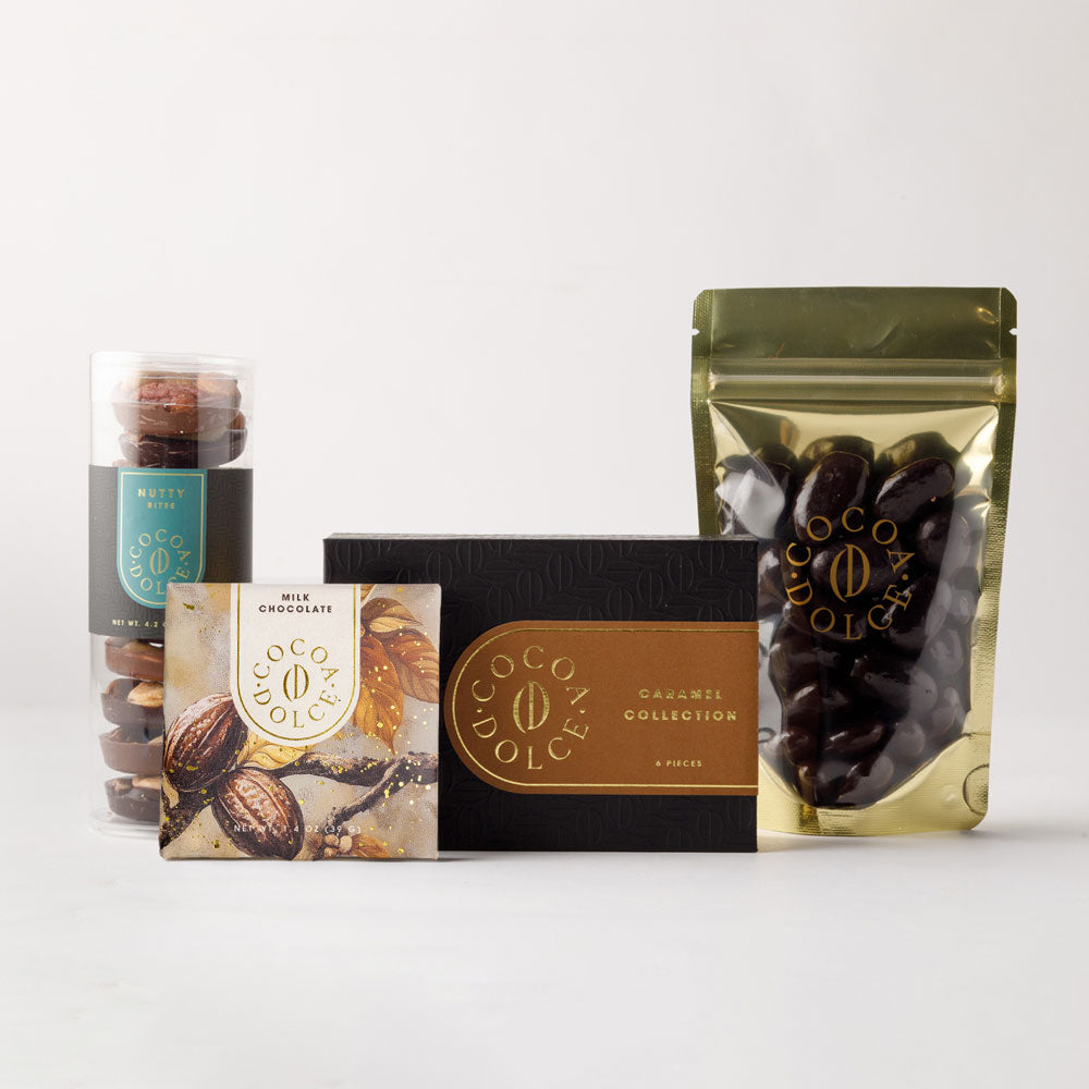 Assorted chocolate products including nutty bites, chocolate bar, 6-piece chocolate collection, and bag of chocolate covered almonds.