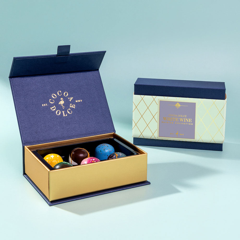 Chocolate pairing collection for white wine with light fruit-forward chocolates