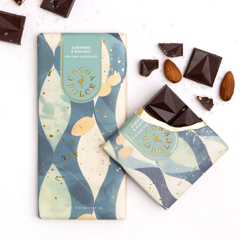 Almond 54% bittersweet chocolate bar by Cocoa Dolce with roasted almonds