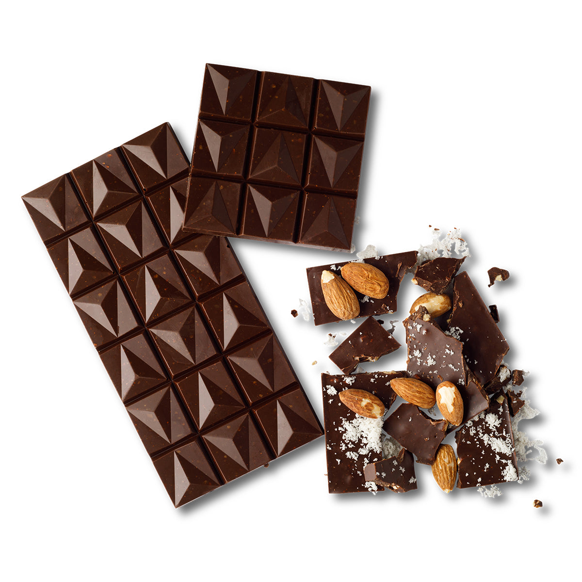 Close up of 54% bittersweet chocolate with roasted almond pieces