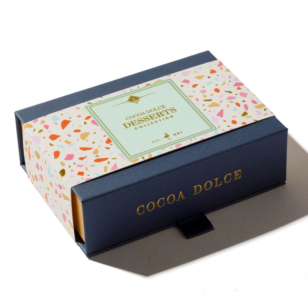 Close up of handcrafted dessert inspired chocolates made with premium Belgian chocolate