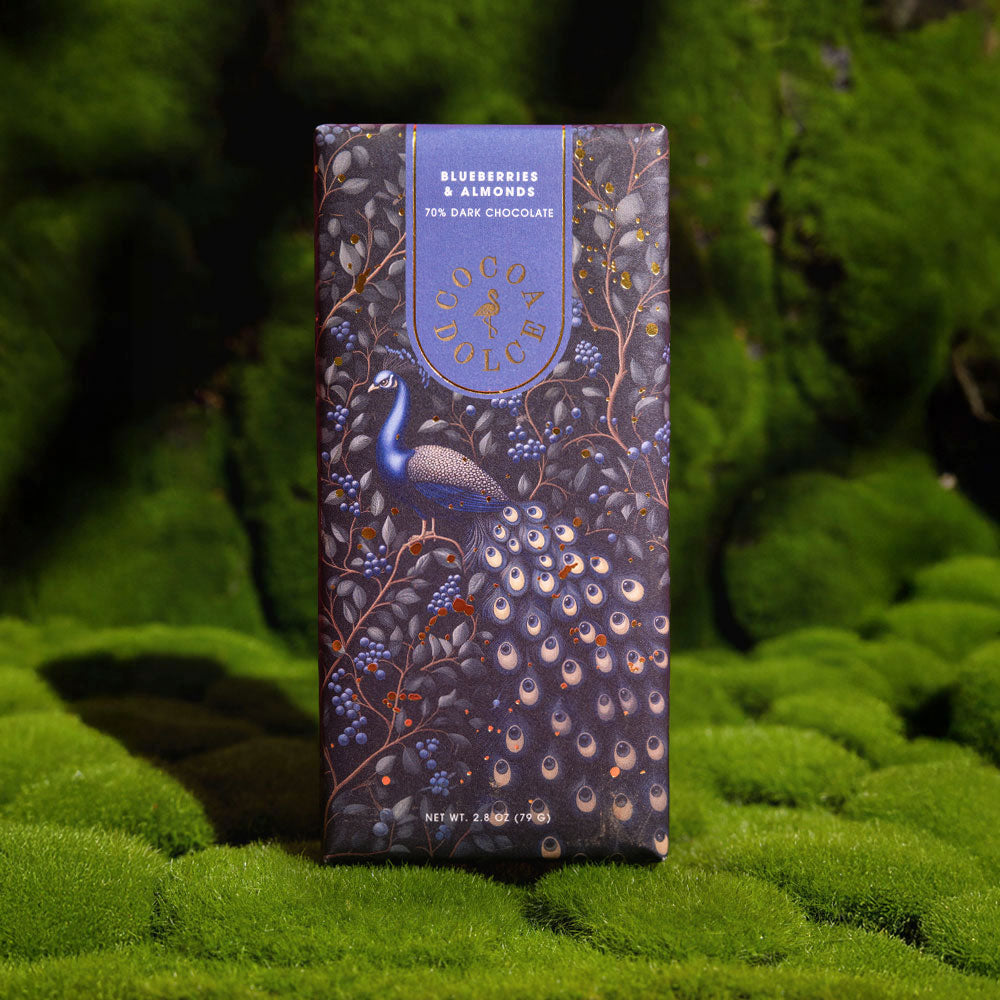 Blueberry Almond 70% dark chocolate bar by Cocoa Dolce