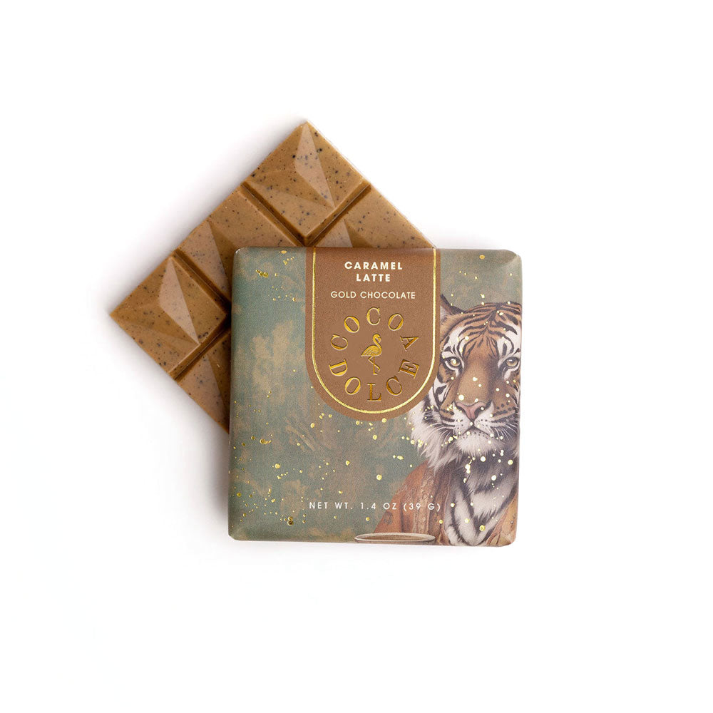 Cocoa Dolce Caramel Latte Gold Chocolate Bar in elegant packaging
