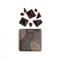 70% bittersweet dark chocolate bar styled with cocoa elements