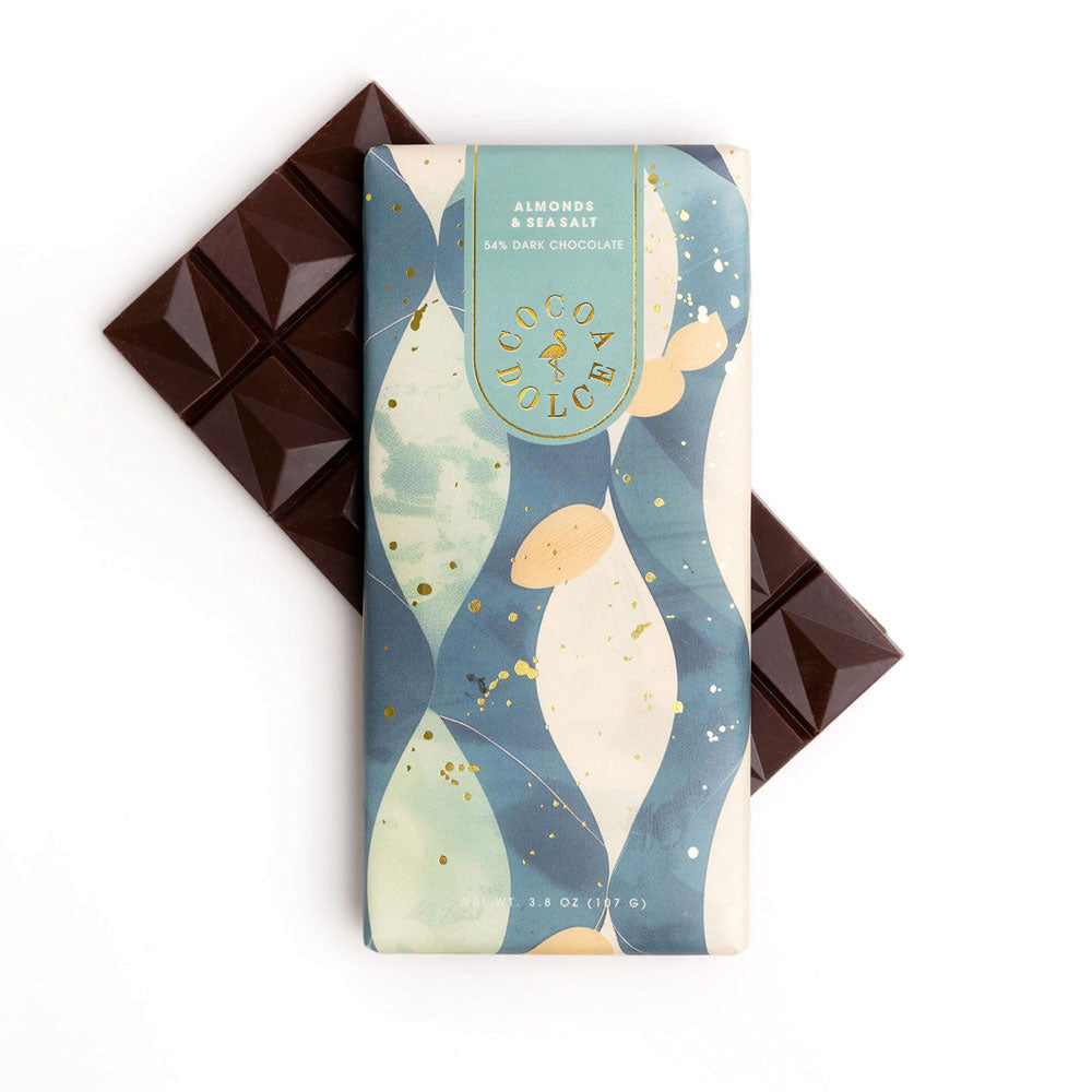 Cocoa Dolce almond 54% bittersweet chocolate bar in premium packaging