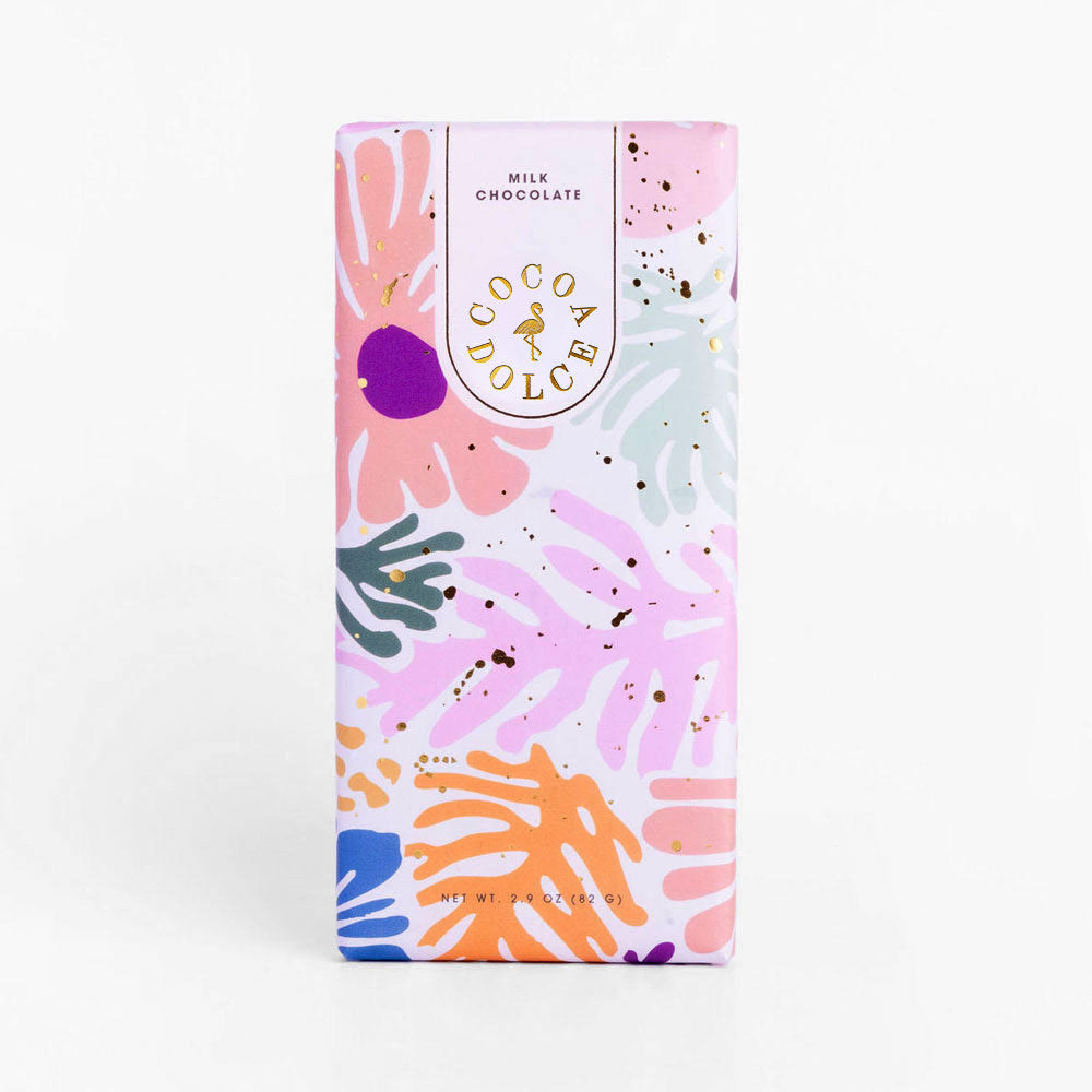 Full classic Belgian milk chocolate bar in premium packaging by Cocoa Dolce