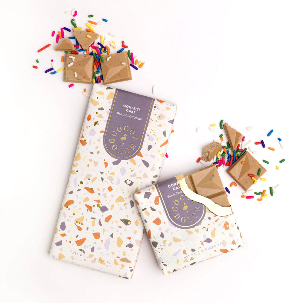 Cocoa Dolce Gold Chocolate Bar with Confetti Cake in premium celebration packaging