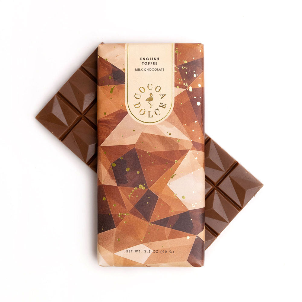 Cocoa Dolce Toffee Milk Chocolate Bar in premium packaging