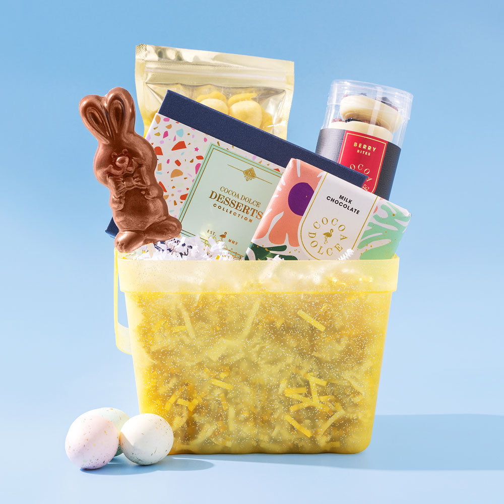Luxury Easter gift basket filled with gourmet chocolates and spring treats from Cocoa Dolce