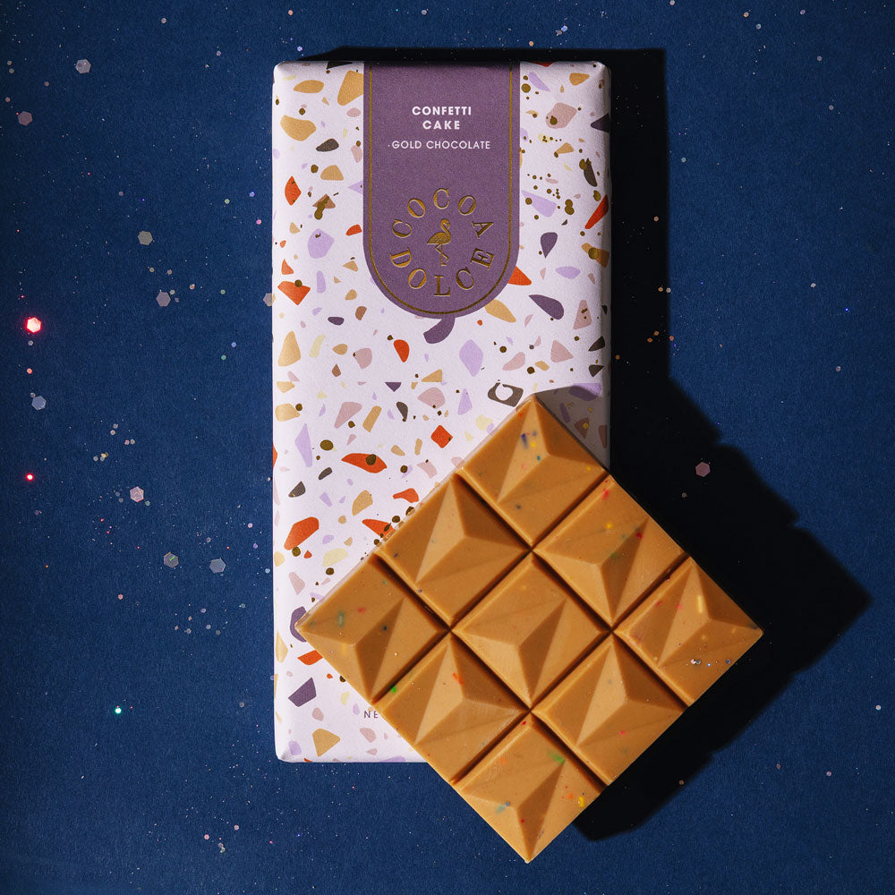 Gold Chocolate Bar with Confetti Cake by Cocoa Dolce with festive sprinkle topping