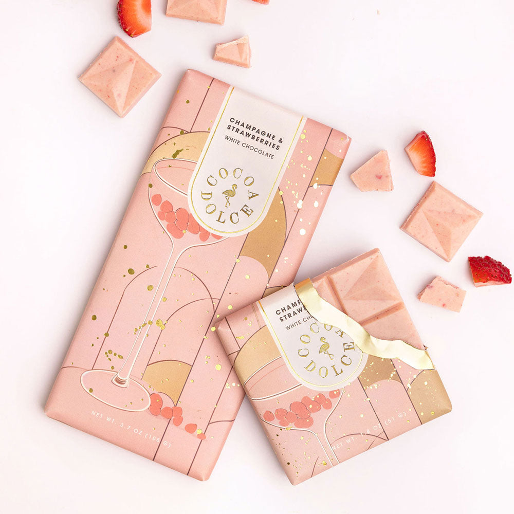Gourmet white chocolate bar with strawberry and champagne flavor