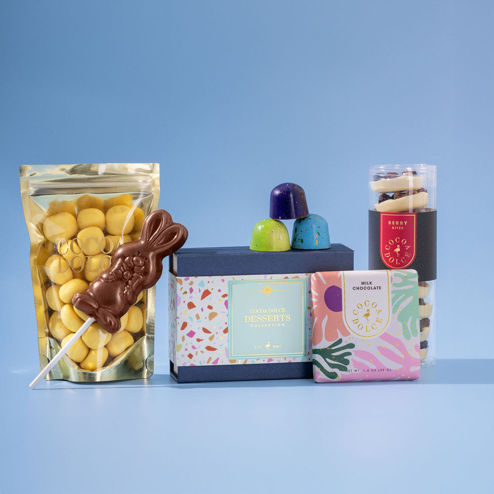 Gourmet Easter chocolate gift basket with handcrafted chocolates and festive treats