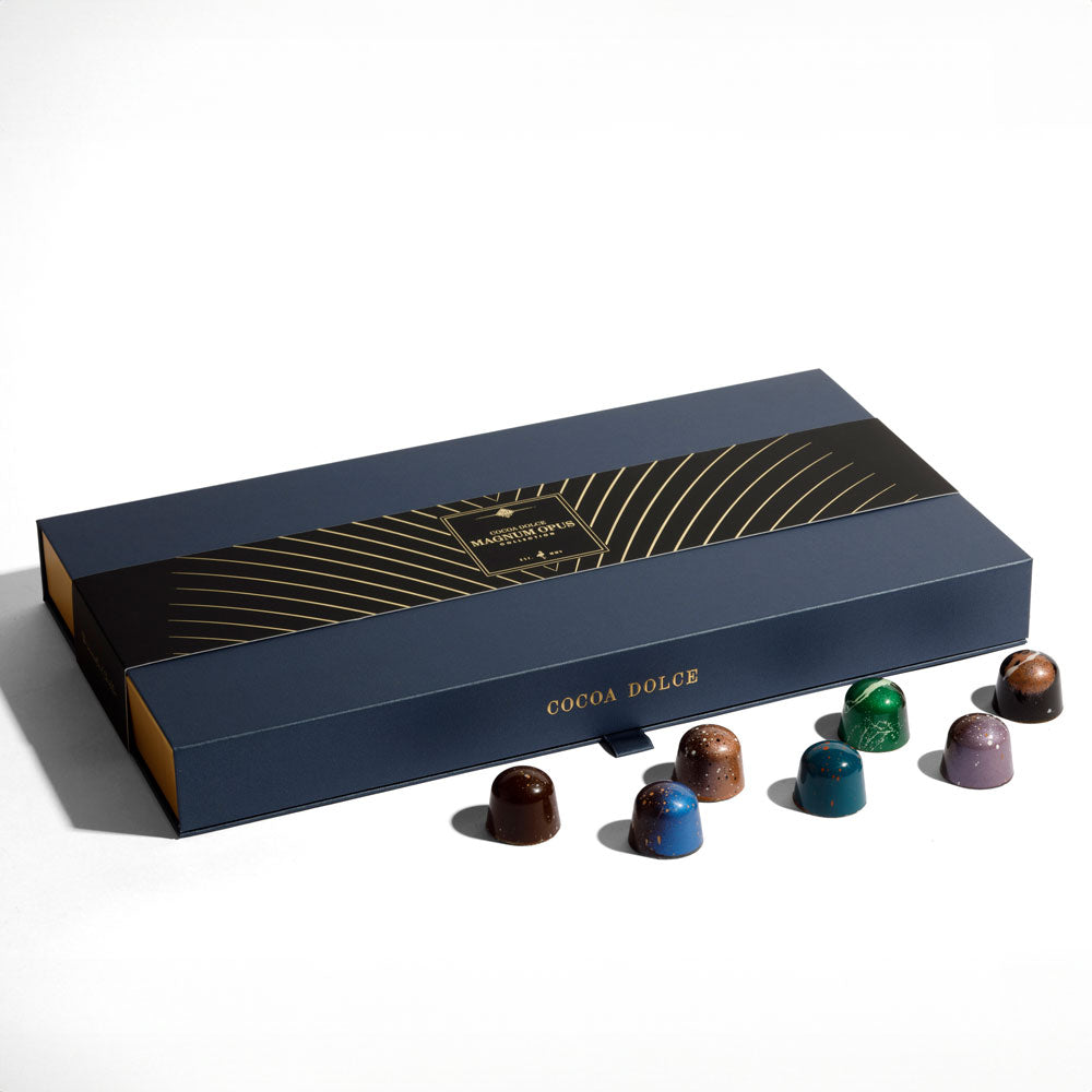 50-Piece Magnum Opus gourmet chocolate gift box with classic Cocoa Dolce branding