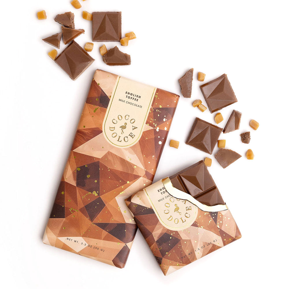 Toffee Milk Chocolate Bar by Cocoa Dolce with buttery toffee pieces